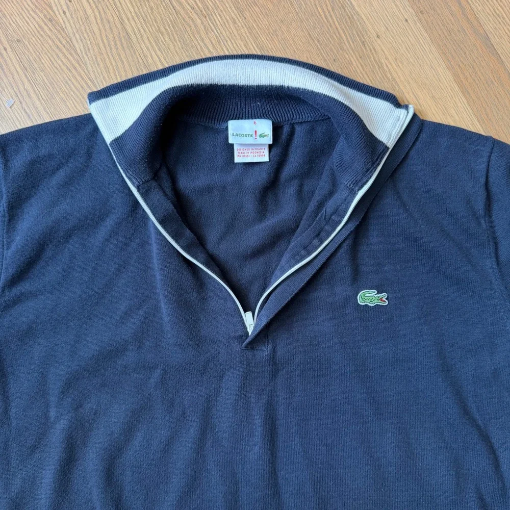Lacoste Mens Navy Blue 100% Cotton Quarter Zip Stripe Sleeve Sweater Size xl 6 L - Picture 2 of 6